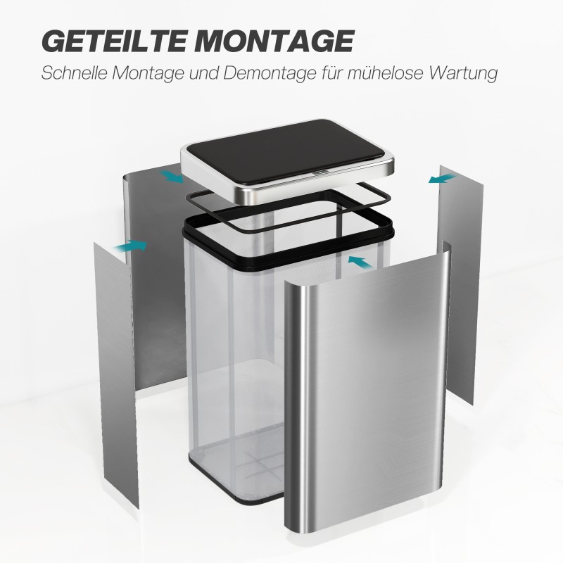 Sensorillinen roska-astia keittiöön 40 l ruostumaton teräs soft-close 35,5 x 26 x 55 cm hopea/musta
