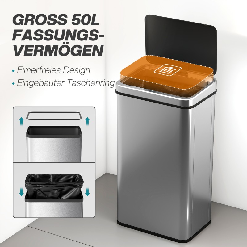 Sensoriroskakori keittiöön 50 l ruostumatonta terästä, automaattinen soft close -kansi, hopea/musta