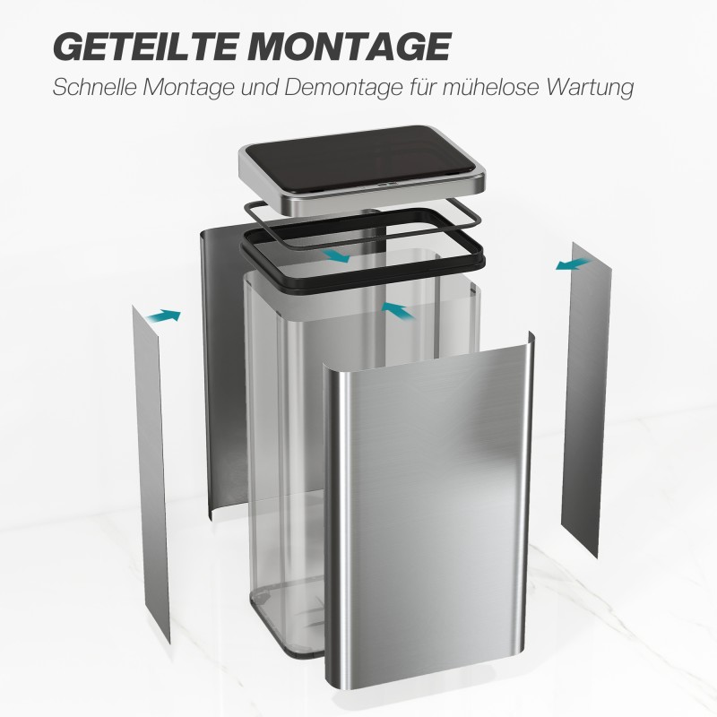 Sensoriroskakori keittiöön 50 l ruostumatonta terästä, automaattinen soft close -kansi, hopea/musta