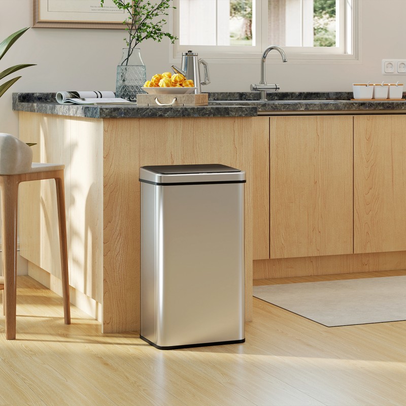 Sensoriroskakori keittiöön 50 l ruostumatonta terästä, automaattinen soft close -kansi, hopea/musta