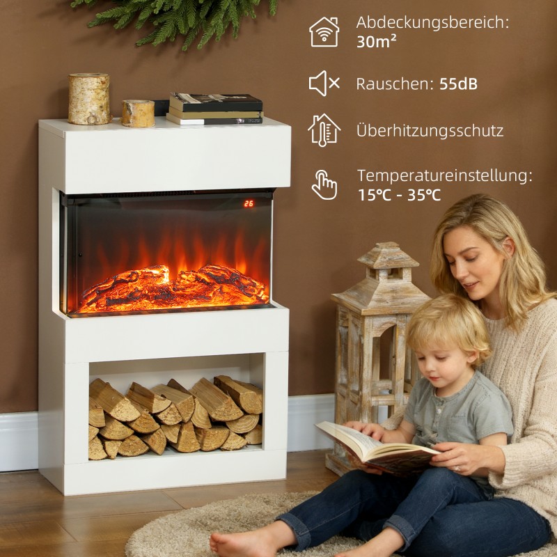 Sähkötakka 1000/2000 W termostaatilla, 6 liekkiväriä, ajastin ja kaukosäädin, valkoinen