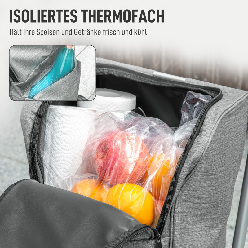 Ostoskärry 3-in-1, 46 l, kylmäosasto, alumiinirunko, taitettava, harmaa