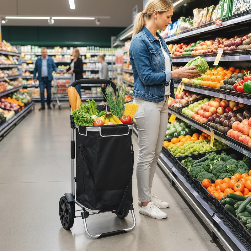 Ostoskärry 3-in-1, kokoontaitettava, kylmäosastolla, 40 l, max 25 kg, musta-hopea