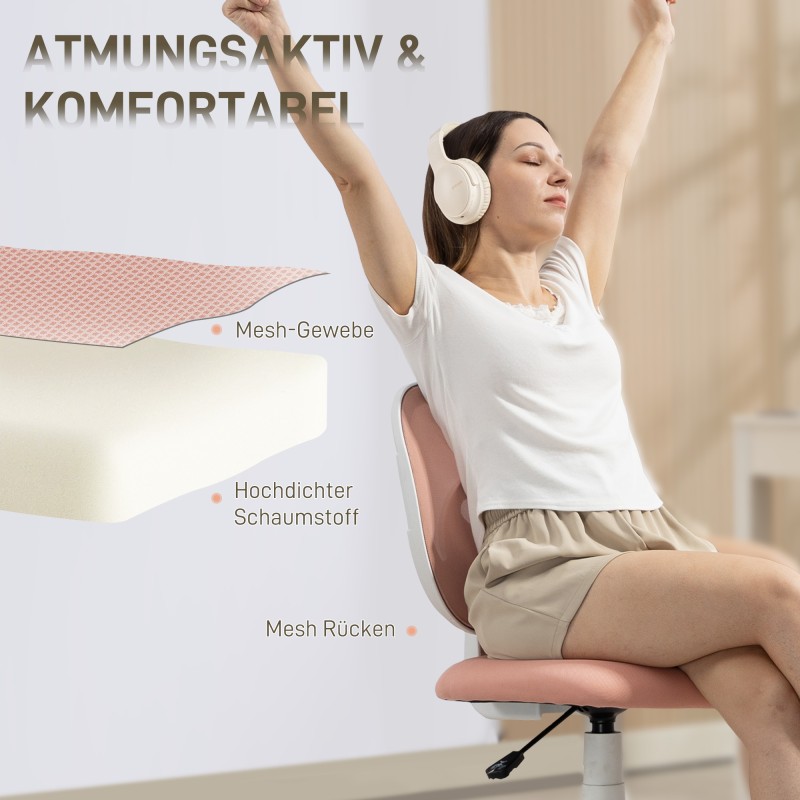 Ergonominen työtuoli ilman käsinojia, verkkokankainen C-selkänoja, säädettävä korkeus, vaaleanpunainen