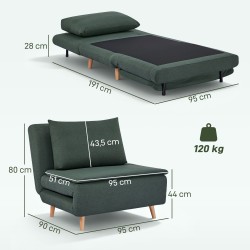 3-in-1 vuodesohvatuoli, säädettävä selkänoja, pyökkijalat, 191x95 cm, tummanvihreä