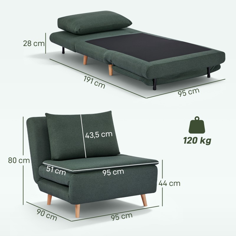 3-in-1 vuodesohvatuoli, säädettävä selkänoja, pyökkijalat, 191x95 cm, tummanvihreä