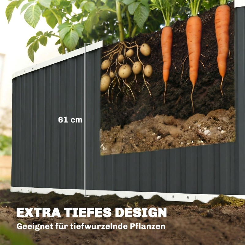 Metallinen kasvatuslaatikko puutarhaan 136 x 53 x 61 cm, avoin pohja, tummanharmaa