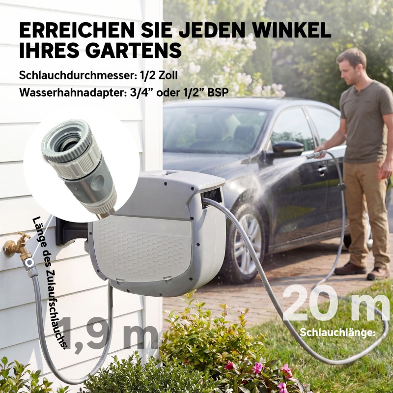 Seinään kiinnitettävä automaattinen letkukela 20 m puutarhaletkulla, 180° kääntyvä, harmaa