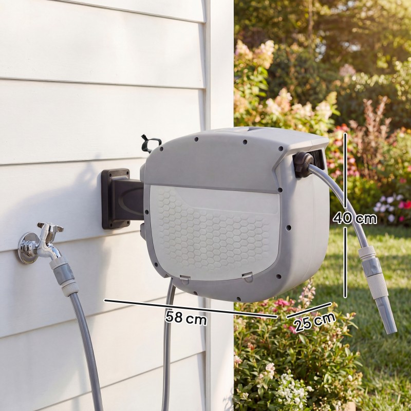 Seinälle asennettava kasteluletkukotelo 30 m, automaattinen sisäänkelautuva letkukela, 180° kääntyvä, harmaa