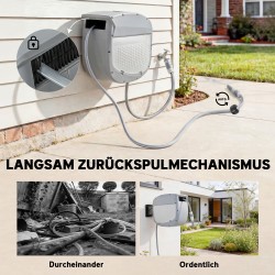 Seinälle asennettava kasteluletkukotelo 30 m, automaattinen sisäänkelautuva letkukela, 180° kääntyvä, harmaa