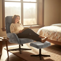 Lepotuoli ja jalkarahi olohuoneeseen, korkea selkänoja, metallijalka, kangasverhoilu, harmaa