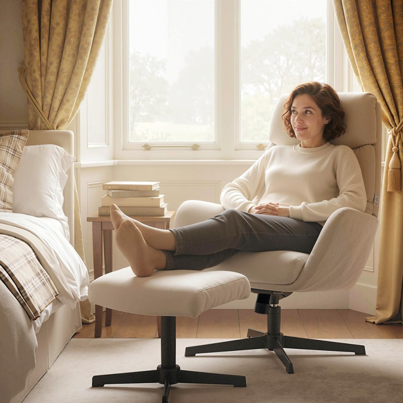 Nojatuoli ja jalkarahi, korkea selkänoja, keinuttava metallirunko, beige