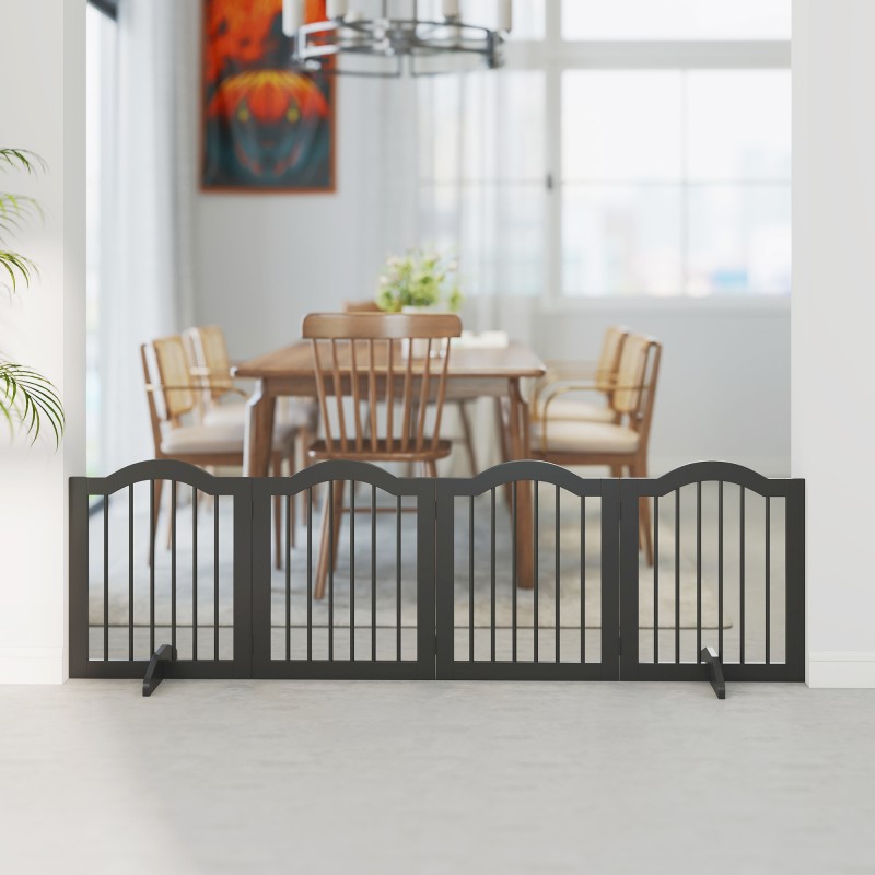 Koira-aita pienille koirille, vapaasti seisova, 4 paneelia, puu/MDF, 208 x 29,5 x 61 cm, musta