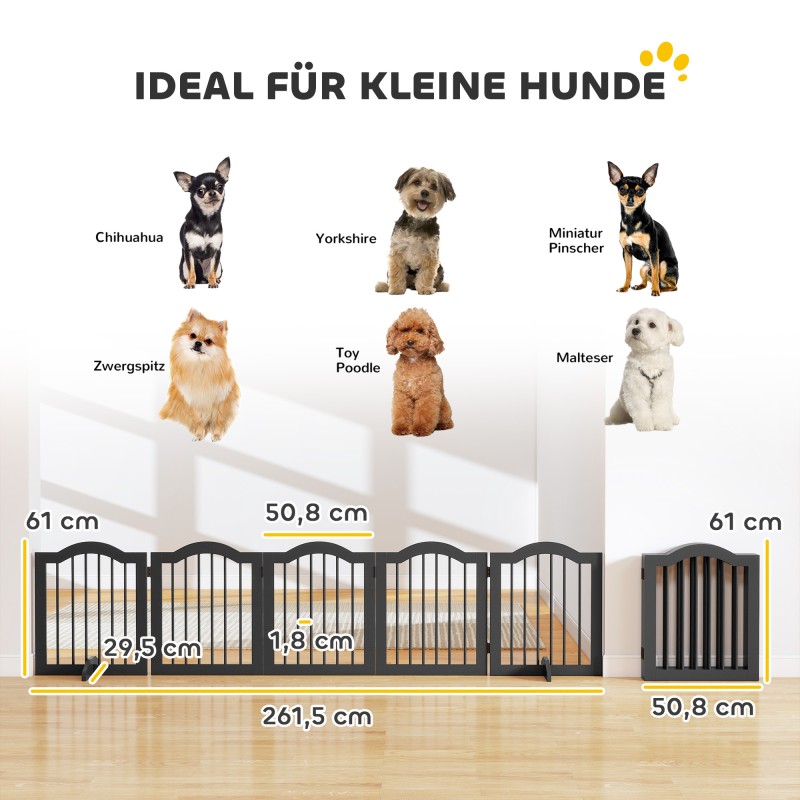 Koiraportti pienille koirille, vapaa seisova puinen taitettava 5-paneelinen, 261,5 x 29,5 x 61 cm, musta