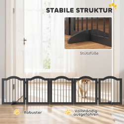 Koiraportti pienille koirille, vapaa seisova puinen taitettava 5-paneelinen, 261,5 x 29,5 x 61 cm, musta