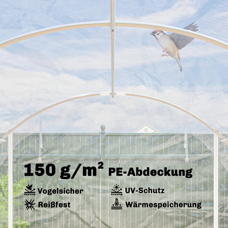 Kasvutunneli kasvihuone, läpikäveltävä, galvanoitu teräsrunko ja UV-suojattu PE-kate, 297 x 395 x 199 cm, läpinäkyvä
