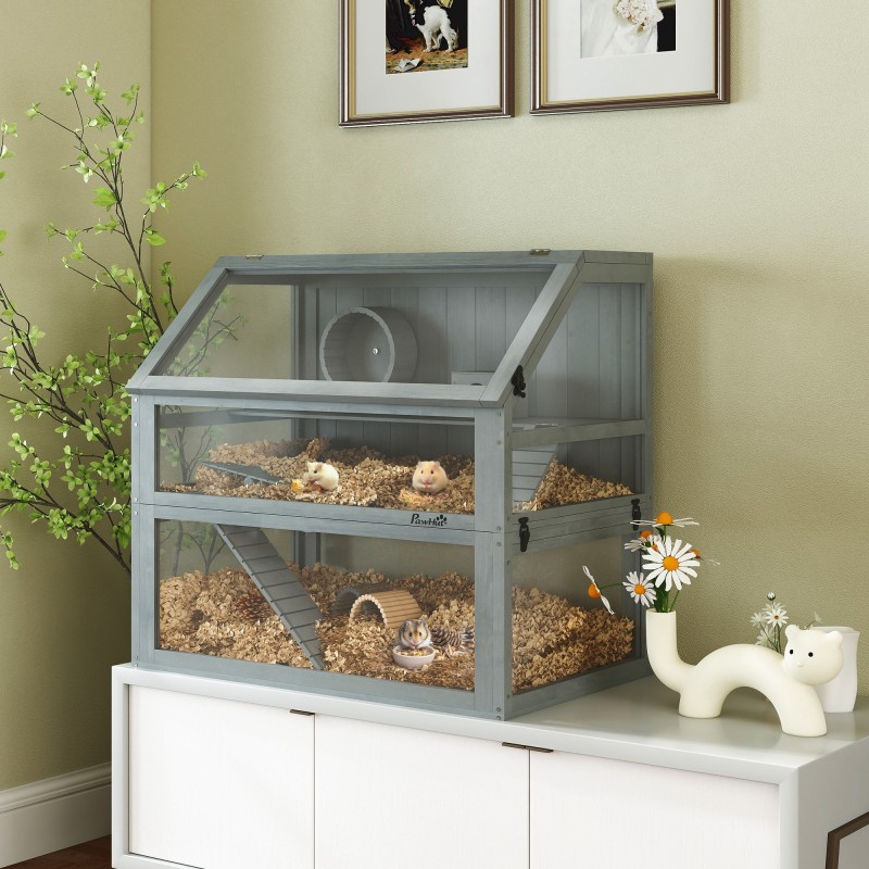 Hamsterihäkki pieneläimille puu 3 tasoa syvä pohja 80x50x76 cm vaaleanharmaa