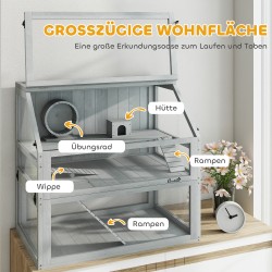 Hamsterihäkki pieneläimille puu 3 tasoa syvä pohja 80x50x76 cm vaaleanharmaa