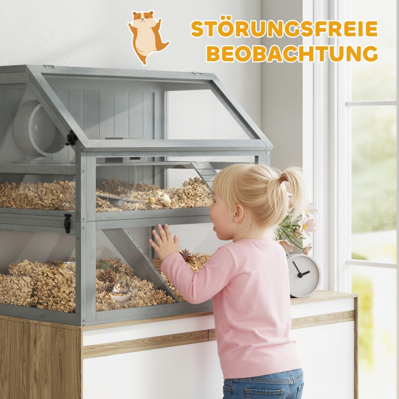 Hamsterihäkki pieneläimille puu 3 tasoa syvä pohja 80x50x76 cm vaaleanharmaa