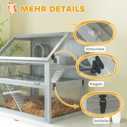 Hamsterihäkki pieneläimille puu 3 tasoa syvä pohja 80x50x76 cm vaaleanharmaa