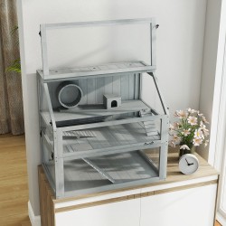 Hamsterihäkki pieneläimille puu 3 tasoa syvä pohja 80x50x76 cm vaaleanharmaa
