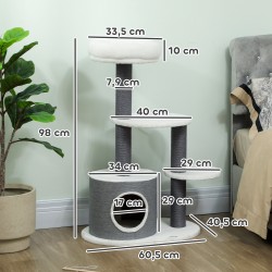 Kissan raapimapuu pienille kissoille, juuttitolpat, pesä ja peti, 60,5 x 40,5 x 98 cm, harmaa-valkoinen