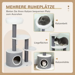 Kissan raapimapuu pienille kissoille, juuttitolpat, pesä ja peti, 60,5 x 40,5 x 98 cm, harmaa-valkoinen