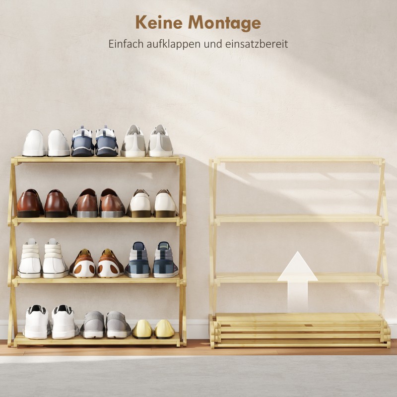 Kenkähylly eteiseen bambua, 4 tasoa, taitettava, 60 x 29 x 67 cm, luonnonväri, tilaa 12 kenkäparille