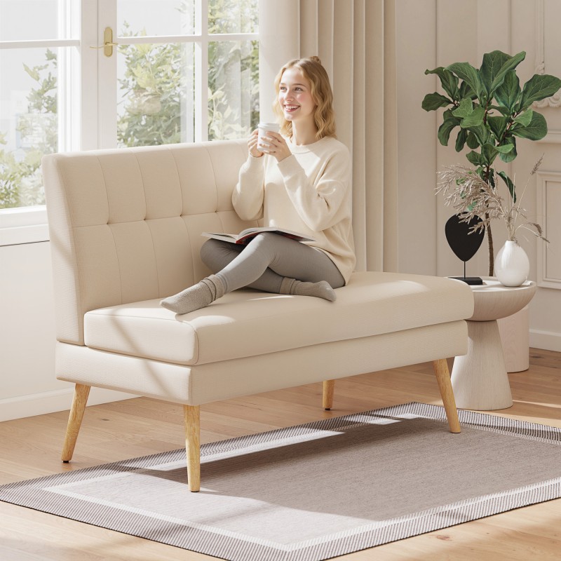 2-istuttava sohva pieniin tiloihin, napitettu selkänoja, pellavamainen kangas, 118 cm, beige