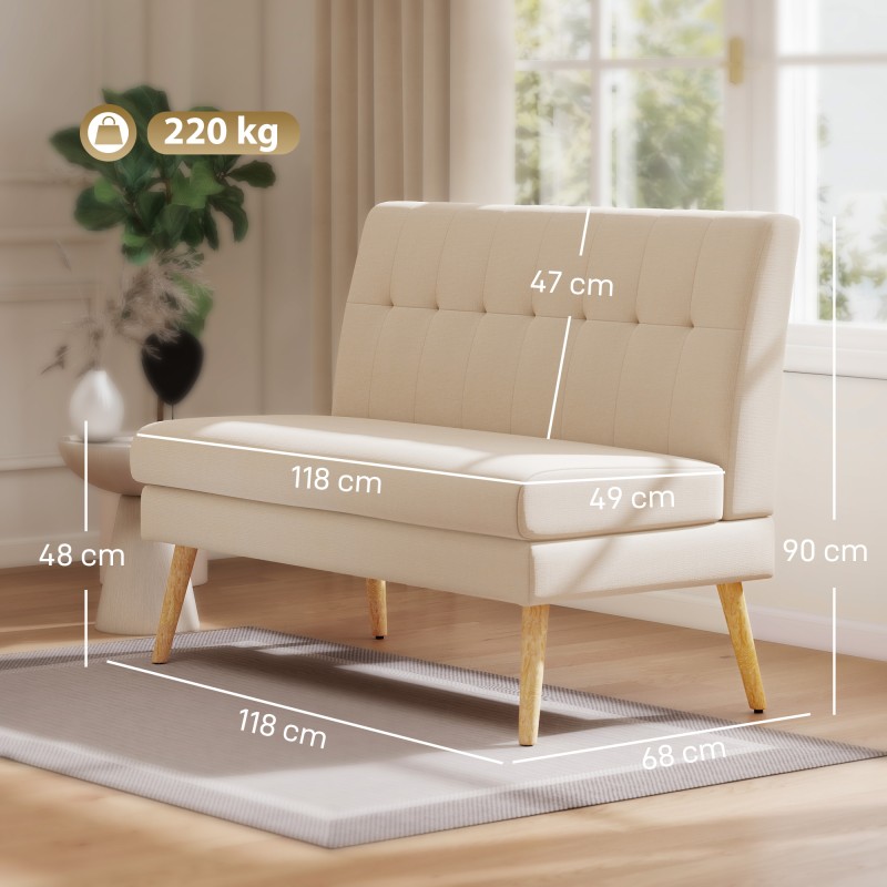 2-istuttava sohva pieniin tiloihin, napitettu selkänoja, pellavamainen kangas, 118 cm, beige