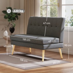 Kahden hengen sohva pieniin tiloihin, napitettu selkänoja, paksu pehmustus, pellavamainen kangas, tummanharmaa