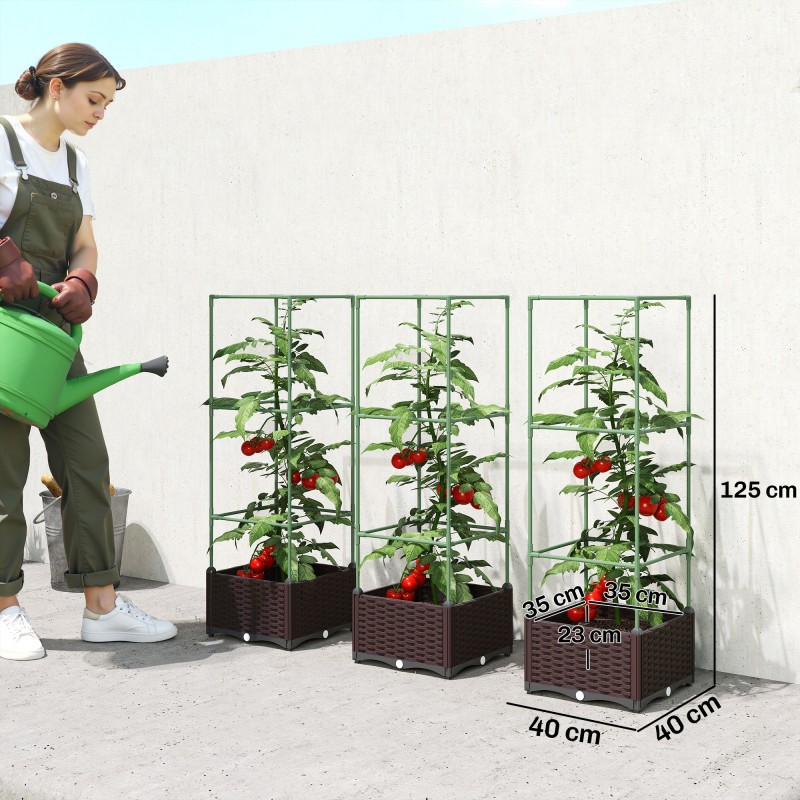 Korkea kasvilaatikko köynnöstuella 3 kpl, teräs ja muovi, vihreä/tummanruskea, 40 x 40 x 125 cm