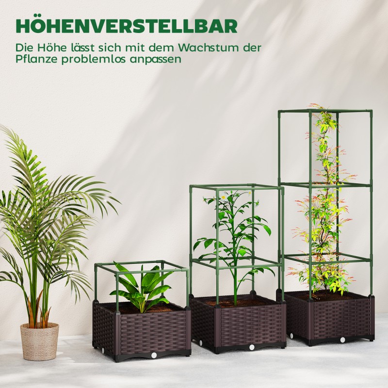 Korkea kasvilaatikko köynnöstuella 3 kpl, teräs ja muovi, vihreä/tummanruskea, 40 x 40 x 125 cm