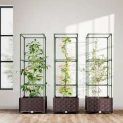 Korkea kasvilaatikko köynnöstuella 3 kpl, teräs ja muovi, vihreä/tummanruskea, 40 x 40 x 125 cm