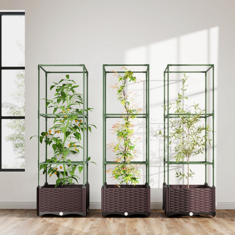 Korkea kasvilaatikko köynnöstuella 3 kpl, teräs ja muovi, vihreä/tummanruskea, 40 x 40 x 125 cm