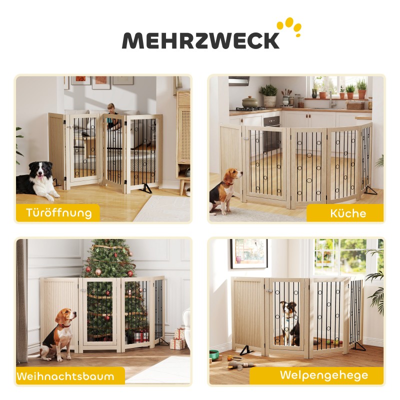 Vapaasti seisova koiraportti ovella, 4 paneelia, MDF ja teräs, 205 x 30,5 x 91,5 cm, tammi/musta