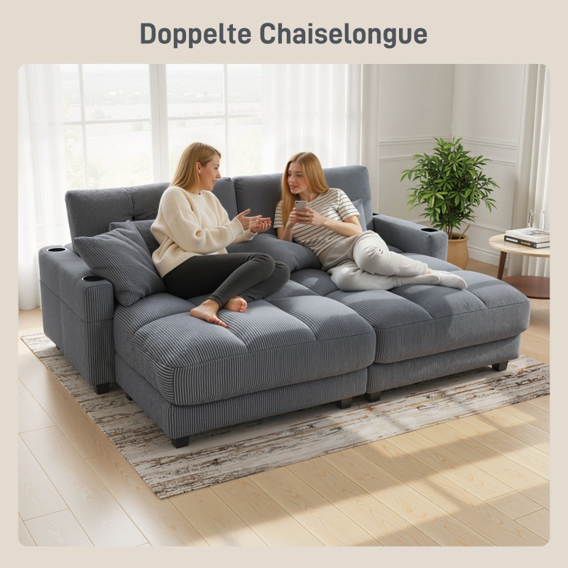 Vuodesohva juomapidikkeillä ja tyynyillä, vakosametti, 114 x 147 cm, tummanharmaa