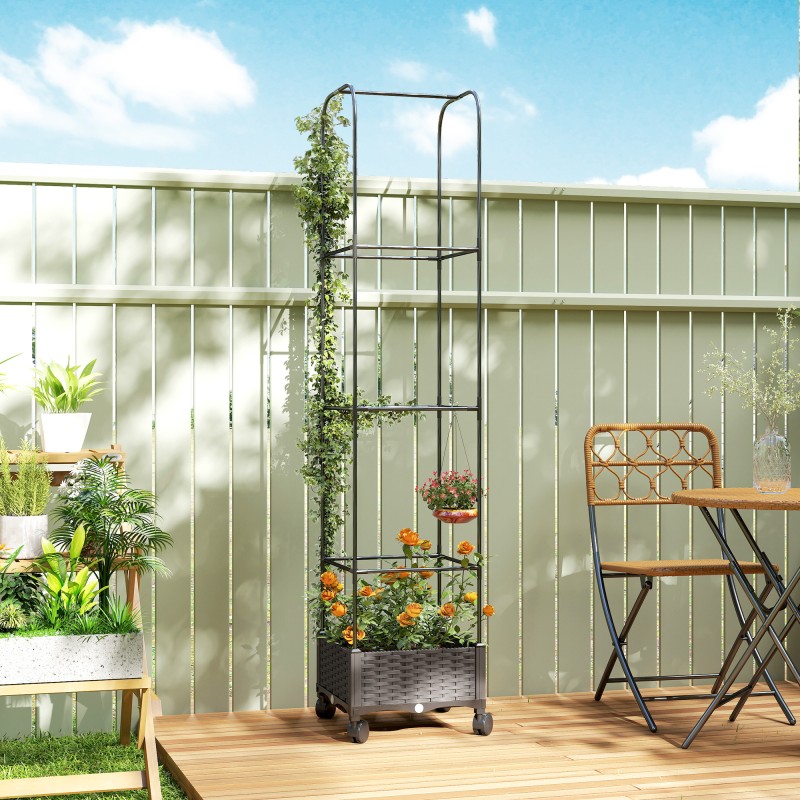 Korkea parvekekasvilaatikko ritilällä ja pyörillä 40 x 40 x 185 cm 24 l musta