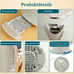 Vedenkeitin ja leivänpaahdin setti 1,7 l 2200 W LED-näytöllä, muistitoiminto, harmaa retro-design