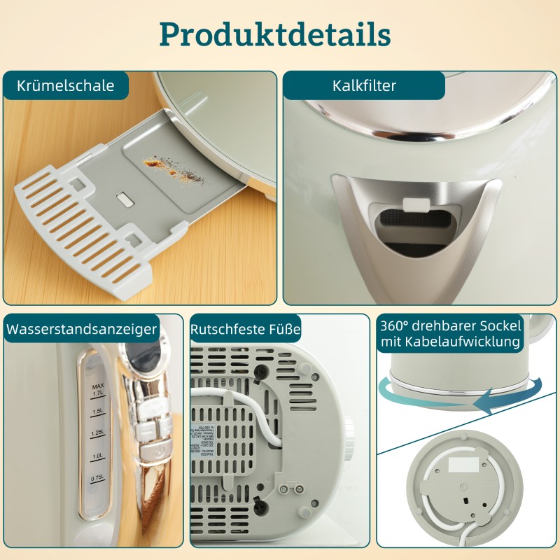 Vedenkeitin ja leivänpaahdin setti 1,7 l 2200 W LED-näytöllä, muistitoiminto, harmaa retro-design