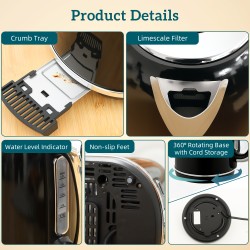 Vedenkeitin ja leivänpaahdin setti 1,7 l 2200 W LED-näyttö retro musta