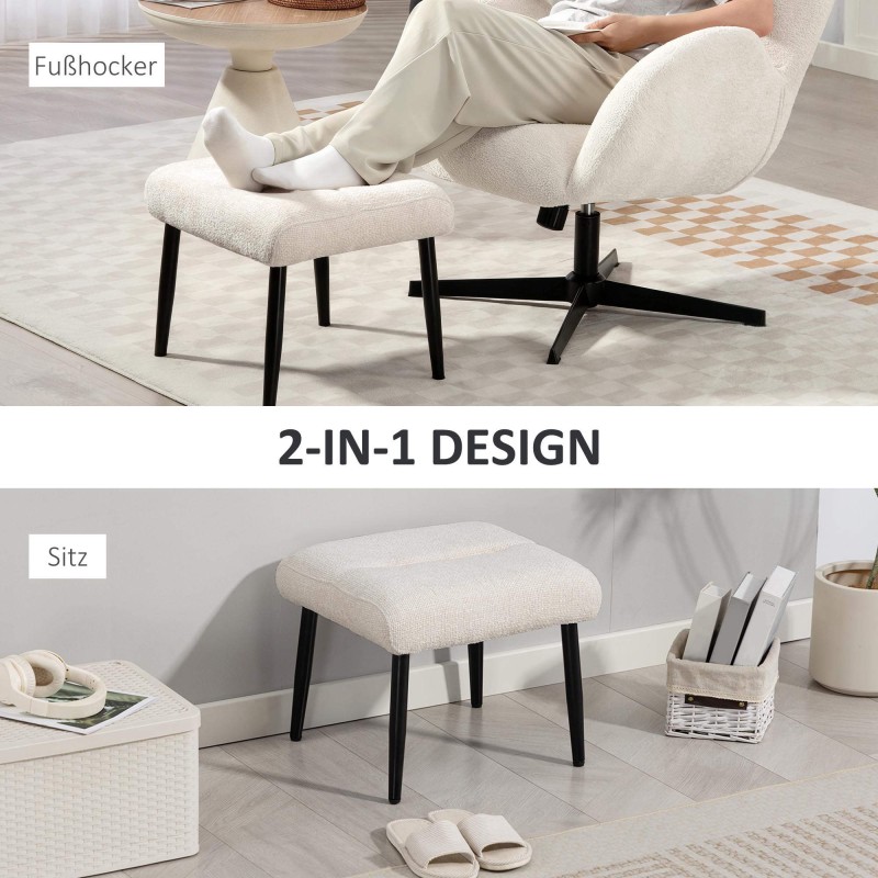 Jalkarahi ja lisäistuin teräsjaloilla, chenille-verhoilu, 45 x 41 x 38 cm, cremevalkoinen