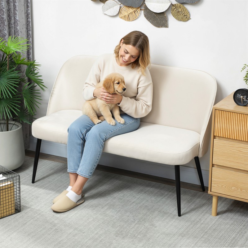 2-istuttava sohva pieniin tiloihin, metallirunko ja eukalyptuspuu, samettimainen kangas, beige