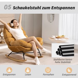 Keinutuoli aikuisille, pehmustettu chenille, teräsrunko ja puukaaret, 80x103x91 cm, keltainen