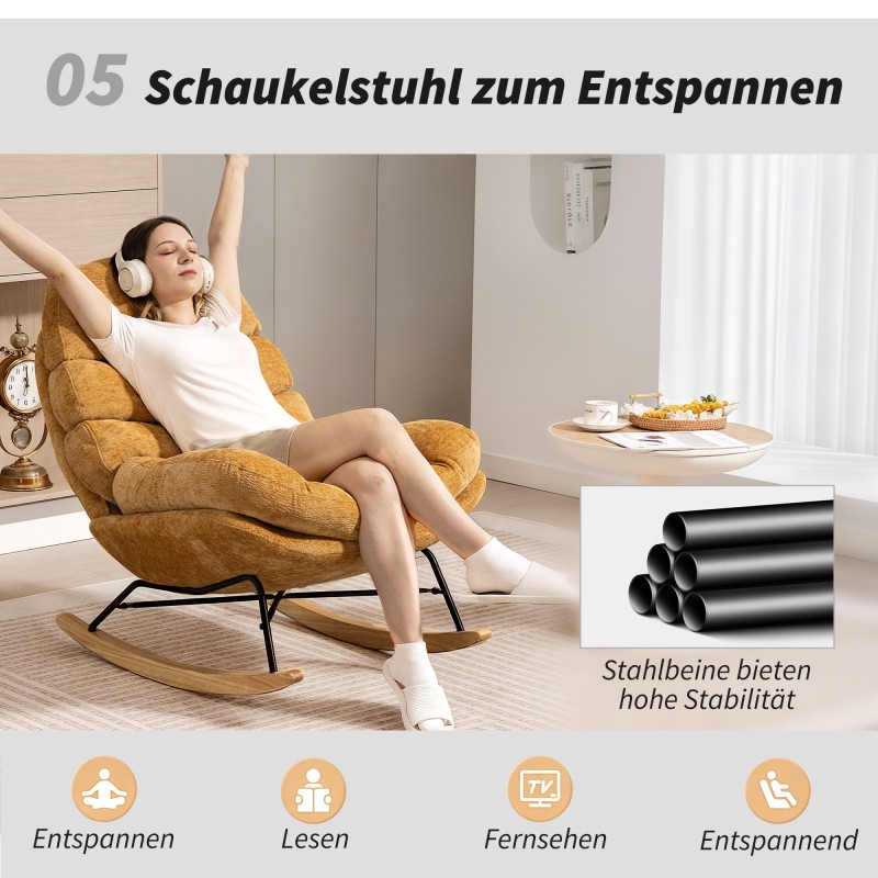 Keinutuoli aikuisille, pehmustettu chenille, teräsrunko ja puukaaret, 80x103x91 cm, keltainen