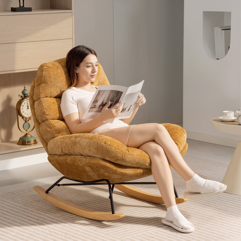 Keinutuoli aikuisille, pehmustettu chenille, teräsrunko ja puukaaret, 80x103x91 cm, keltainen