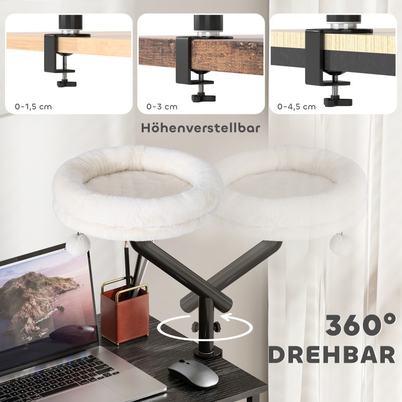 Kissan pöytään kiinnitettävä peti, 360° kääntyvä ja korkeussäädettävä, Ø35 cm, enint. 6 kg, cremevalkoinen