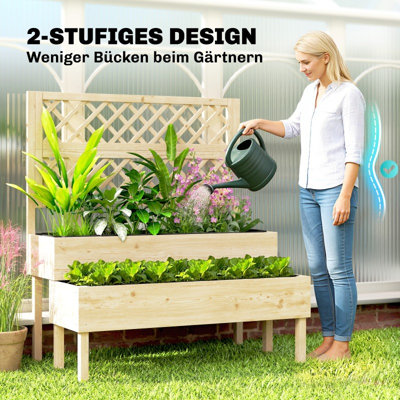 Kaksitasoinen puinen viljelylaatikko ritilällä 2 istutuslaatikkoa 108 x 62 x 120 cm naturaalipuu