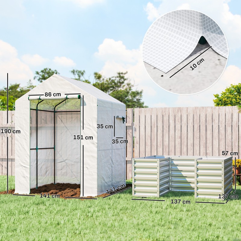 Kasvihuone tomaatille korotetulla viljelylaatikolla teräs ja PE 141 x 141 x 190 cm valkoinen