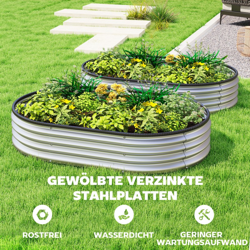 Metallinen viljelylaatikko 2 kpl, sinkitty teräs, ovaali, 135 x 90 x 30 cm, hopea